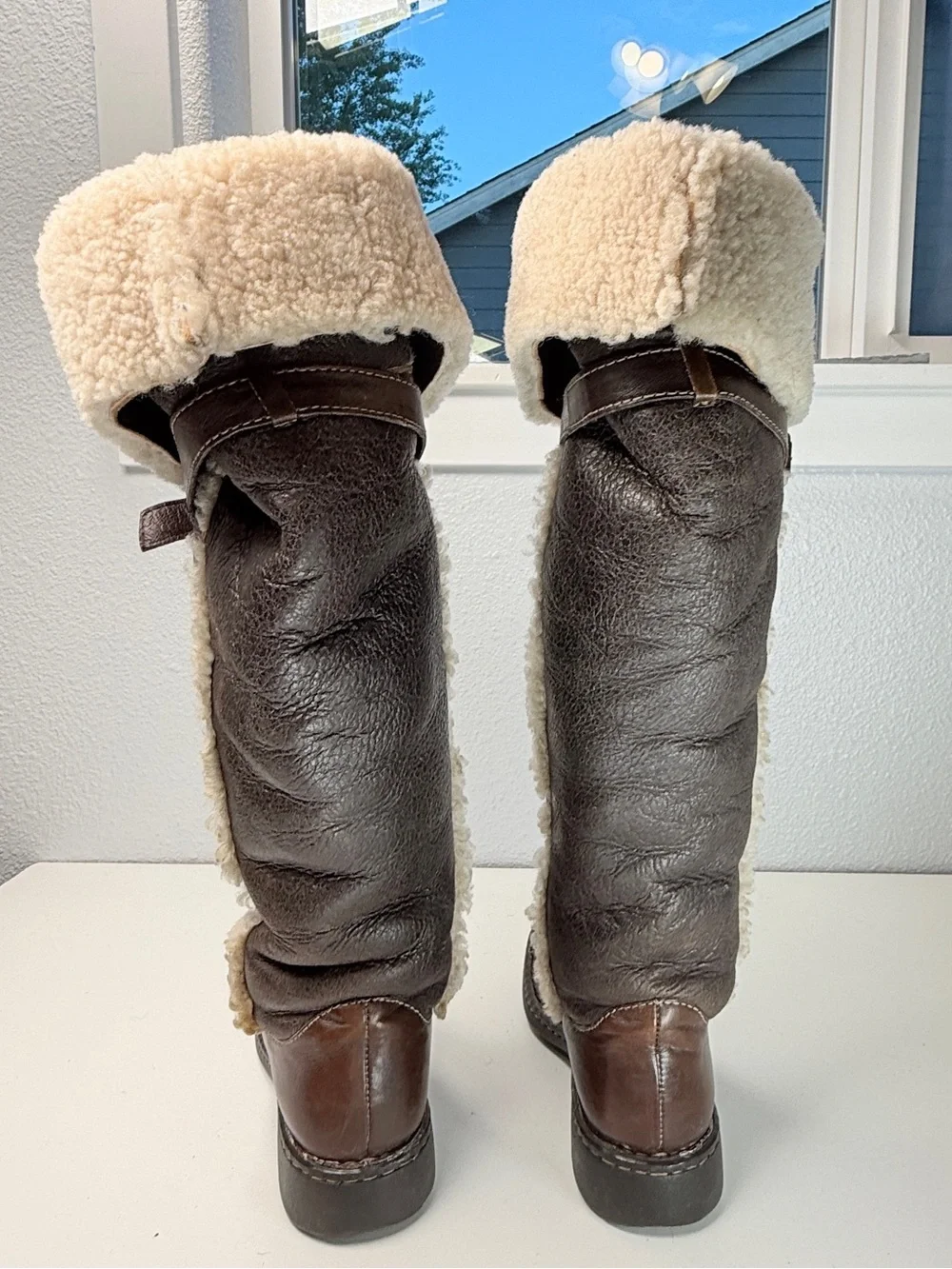 Born Leather Shearling Fold Over Tall Boots Brown Womens Size 8 EU 39